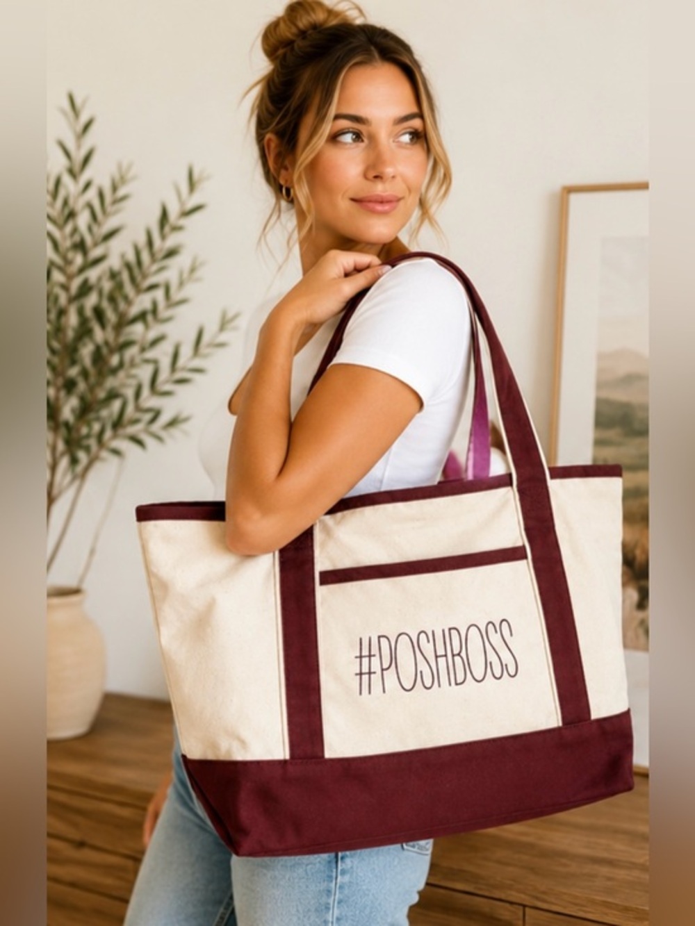 #POSHBOSS Canvas Tote Bag Cream & Burgundy Large Utility Shopper Carryall